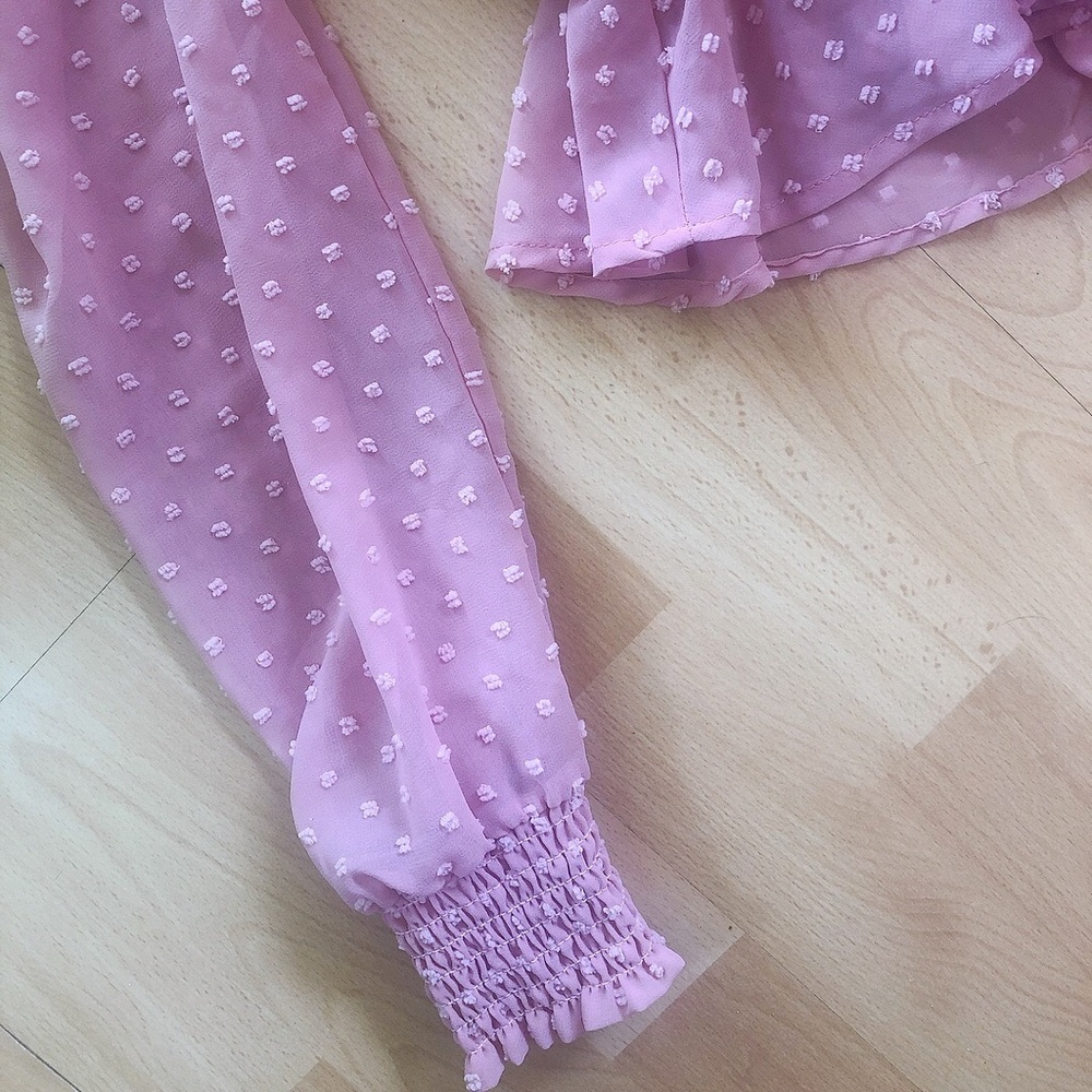🍭🍭 Adorable Delicate Feminine Pink Blouse See Through Polka Dots Frills - Picture 5 of 10
